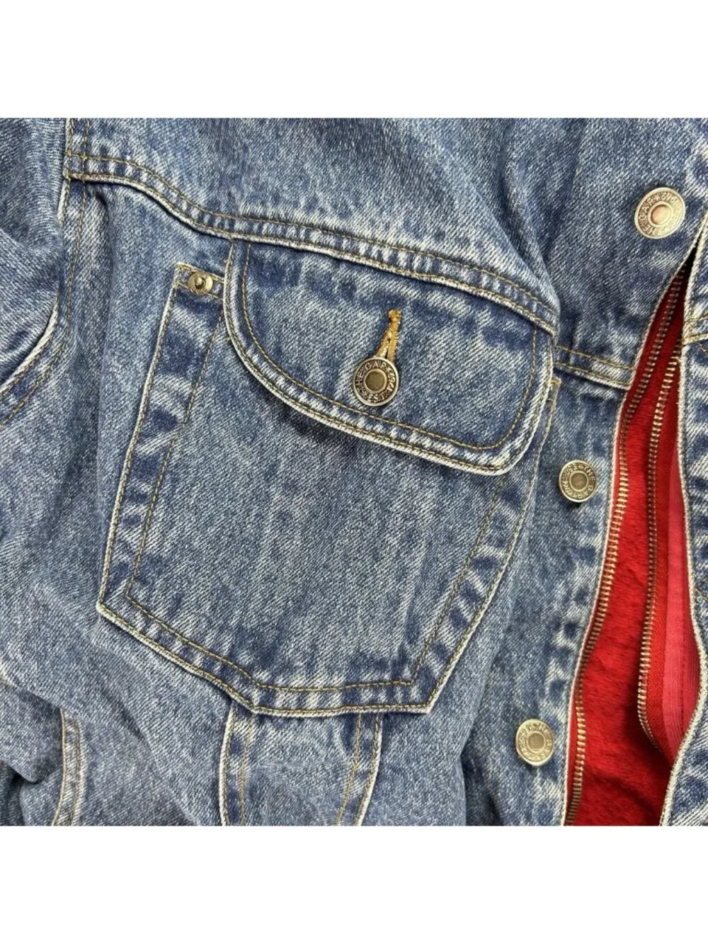 GAP Denim Jean Jacket Vintage 90s Red Hoodie Trucker Western Blue “Read”